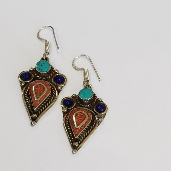 Tibetan Turquoise Lapis Lazuli Gem 925 Drop Earrings - Picture 2 of 12
